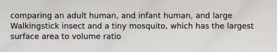 comparing an adult human, and infant human, and large Walkingstick insect and a tiny mosquito, which has the largest <a href='https://www.questionai.com/knowledge/kEtsSAPENL-surface-area' class='anchor-knowledge'>surface area</a> to volume ratio