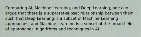 Comparing AI, Machine Learning, and Deep Learning, one can argue that there is a superset-subset relationship between them such that Deep Learning is a subset of Machine Learning approaches, and Machine Learning is a subset of the broad field of approaches, algorithms and techniques in AI.