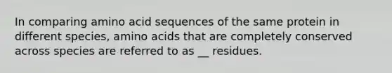 In comparing amino acid sequences of the same protein in different species, amino acids that are completely conserved across species are referred to as __ residues.