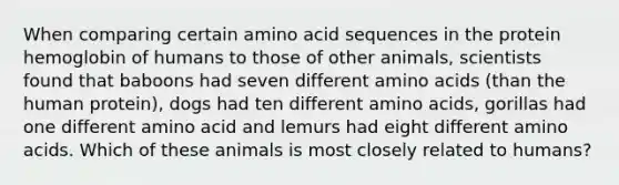 When comparing certain amino acid sequences in the protein hemoglobin of humans to those of other animals, scientists found that baboons had seven different <a href='https://www.questionai.com/knowledge/k9gb720LCl-amino-acids' class='anchor-knowledge'>amino acids</a> (than the human protein), dogs had ten different amino acids, gorillas had one different amino acid and lemurs had eight different amino acids. Which of these animals is most closely related to humans?