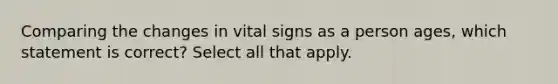 Comparing the changes in vital signs as a person ages, which statement is correct? Select all that apply.