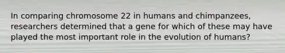 In comparing chromosome 22 in humans and chimpanzees, researchers determined that a gene for which of these may have played the most important role in the evolution of humans?