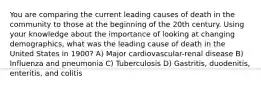 You are comparing the current leading causes of death in the community to those at the beginning of the 20th century. Using your knowledge about the importance of looking at changing demographics, what was the leading cause of death in the United States in 1900? A) Major cardiovascular-renal disease B) Influenza and pneumonia C) Tuberculosis D) Gastritis, duodenitis, enteritis, and colitis