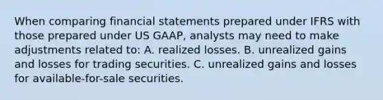 When comparing financial statements prepared under IFRS with those prepared under US GAAP, analysts may need to make adjustments related to: A. realized losses. B. unrealized gains and losses for trading securities. C. unrealized gains and losses for available-for-sale securities.