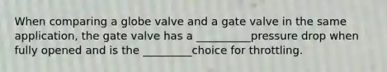 When comparing a globe valve and a gate valve in the same application, the gate valve has a __________pressure drop when fully opened and is the _________choice for throttling.