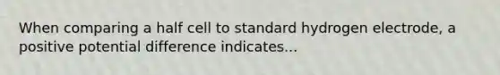 When comparing a half cell to standard hydrogen electrode, a positive potential difference indicates...