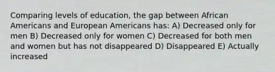 Comparing levels of education, the gap between <a href='https://www.questionai.com/knowledge/kktT1tbvGH-african-americans' class='anchor-knowledge'>african americans</a> and European Americans has: A) Decreased only for men B) Decreased only for women C) Decreased for both men and women but has not disappeared D) Disappeared E) Actually increased