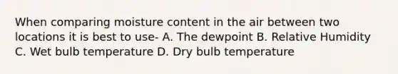 When comparing moisture content in the air between two locations it is best to use- A. The dewpoint B. Relative Humidity C. Wet bulb temperature D. Dry bulb temperature