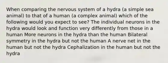 When comparing the nervous system of a hydra (a simple sea animal) to that of a human (a complex animal) which of the following would you expect to see? The individual neurons in the hydra would look and function very differently from those in a human More neurons in the hydra than the human Bilateral symmetry in the hydra but not the human A nerve net in the human but not the hydra Cephalization in the human but not the hydra