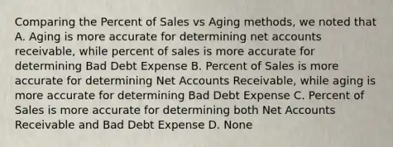 Comparing the Percent of Sales vs Aging methods, we noted that A. Aging is more accurate for determining ne<a href='https://www.questionai.com/knowledge/k7x83BRk9p-t-accounts' class='anchor-knowledge'>t accounts</a> receivable, while percent of sales is more accurate for determining Bad Debt Expense B. Percent of Sales is more accurate for determining Net Accounts Receivable, while aging is more accurate for determining Bad Debt Expense C. Percent of Sales is more accurate for determining both Net Accounts Receivable and Bad Debt Expense D. None