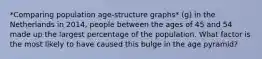 *Comparing population age-structure graphs* (g) in the Netherlands in 2014, people between the ages of 45 and 54 made up the largest percentage of the population. What factor is the most likely to have caused this bulge in the age pyramid?