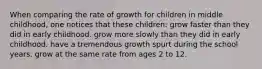 When comparing the rate of growth for children in middle childhood, one notices that these children: grow faster than they did in early childhood. grow more slowly than they did in early childhood. have a tremendous growth spurt during the school years. grow at the same rate from ages 2 to 12.