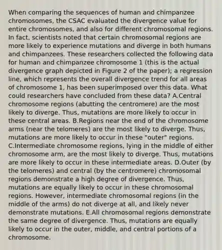 When comparing the sequences of human and chimpanzee chromosomes, the CSAC evaluated the divergence value for entire chromosomes, and also for different chromosomal regions. In fact, scientists noted that certain chromosomal regions are more likely to experience mutations and diverge in both humans and chimpanzees. These researchers collected the following data for human and chimpanzee chromosome 1 (this is the actual divergence graph depicted in Figure 2 of the paper); a regression line, which represents the overall divergence trend for all areas of chromosome 1, has been superimposed over this data. What could researchers have concluded from these data? A.Central chromosome regions (abutting the centromere) are the most likely to diverge. Thus, mutations are more likely to occur in these central areas. B.Regions near the end of the chromosome arms (near the telomeres) are the most likely to diverge. Thus, mutations are more likely to occur in these "outer" regions. C.Intermediate chromosome regions, lying in the middle of either chromosome arm, are the most likely to diverge. Thus, mutations are more likely to occur in these intermediate areas. D.Outer (by the telomeres) and central (by the centromere) chromosomal regions demonstrate a high degree of divergence. Thus, mutations are equally likely to occur in these chromosomal regions. However, intermediate chromosomal regions (in the middle of the arms) do not diverge at all, and likely never demonstrate mutations. E.All chromosomal regions demonstrate the same degree of divergence. Thus, mutations are equally likely to occur in the outer, middle, and central portions of a chromosome.