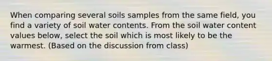 When comparing several soils samples from the same field, you find a variety of soil water contents. From the soil water content values below, select the soil which is most likely to be the warmest. (Based on the discussion from class)