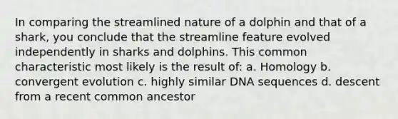 In comparing the streamlined nature of a dolphin and that of a shark, you conclude that the streamline feature evolved independently in sharks and dolphins. This common characteristic most likely is the result of: a. Homology b. convergent evolution c. highly similar DNA sequences d. descent from a recent common ancestor