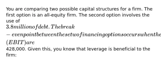 You are comparing two possible capital structures for a firm. The first option is an all-equity firm. The second option involves the use of 3.8 million of debt. The break-even point between these two financing options occurs when the earnings before interest and taxes (EBIT) are428,000. Given this, you know that leverage is beneficial to the firm: