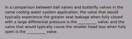 In a comparison between ball valves and butterfly valves in the same cooling water system application, the valve that would typically experience the greater seat leakage when fully closed with a large differential pressure is the __________ valve; and the valve that would typically cause the smaller head loss when fully open is the __________ valve.