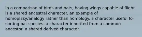 In a comparison of birds and bats, having wings capable of flight is a shared ancestral character. an example of homoplasy/analogy rather than homology. a character useful for sorting bat species. a character inherited from a common ancestor. a shared derived character.