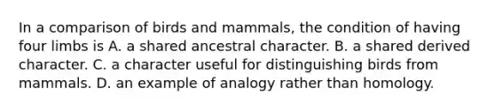 In a comparison of birds and mammals, the condition of having four limbs is A. a shared ancestral character. B. a shared derived character. C. a character useful for distinguishing birds from mammals. D. an example of analogy rather than homology.