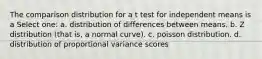 The comparison distribution for a t test for independent means is a Select one: a. distribution of differences between means. b. Z distribution (that is, a normal curve). c. poisson distribution. d. distribution of proportional variance scores