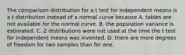 The comparison distribution for a t test for independent means is a t distribution instead of a normal curve because A. tables are not available for the normal curve. B. the population variance is estimated. C. Z distributions were not used at the time the t test for independent means was invented. D. there are more degrees of freedom for two samples than for one.