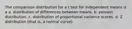 The comparison distribution for a t test for independent means is a a. distribution of differences between means. b. poisson distribution. c. distribution of proportional variance scores. d. Z distribution (that is, a normal curve).