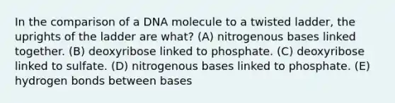 In the comparison of a DNA molecule to a twisted ladder, the uprights of the ladder are what? (A) nitrogenous bases linked together. (B) deoxyribose linked to phosphate. (C) deoxyribose linked to sulfate. (D) nitrogenous bases linked to phosphate. (E) hydrogen bonds between bases