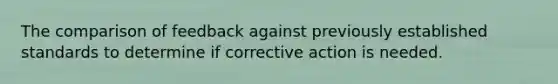 The comparison of feedback against previously established standards to determine if corrective action is needed.