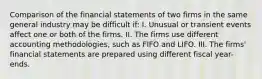 Comparison of the financial statements of two firms in the same general industry may be difficult if: I. Unusual or transient events affect one or both of the firms. II. The firms use different accounting methodologies, such as FIFO and LIFO. III. The firms' financial statements are prepared using different fiscal year-ends.