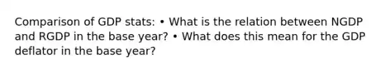 Comparison of GDP stats: • What is the relation between NGDP and RGDP in the base year? • What does this mean for the GDP deflator in the base year?