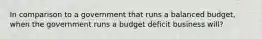 In comparison to a government that runs a balanced budget, when the government runs a budget deficit business will?