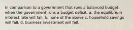 In comparison to a government that runs a balanced budget, when the government runs a budget deficit, a. the equilibrium interest rate will fall. b. none of the above c. household savings will fall. d. business investment will fall.