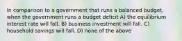 In comparison to a government that runs a balanced budget, when the government runs a budget deficit A) the equilibrium interest rate will fall. B) business investment will fall. C) household savings will fall. D) none of the above