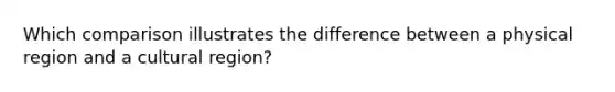 Which comparison illustrates the difference between a physical region and a cultural region?