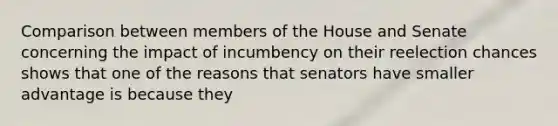 Comparison between members of the House and Senate concerning the impact of incumbency on their reelection chances shows that one of the reasons that senators have smaller advantage is because they