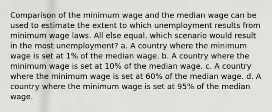 Comparison of the minimum wage and the median wage can be used to estimate the extent to which unemployment results from minimum wage laws. All else equal, which scenario would result in the most unemployment? a. A country where the minimum wage is set at 1% of the median wage. b. A country where the minimum wage is set at 10% of the median wage. c. A country where the minimum wage is set at 60% of the median wage. d. A country where the minimum wage is set at 95% of the median wage.