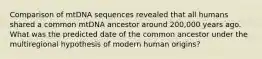 Comparison of mtDNA sequences revealed that all humans shared a common mtDNA ancestor around 200,000 years ago. What was the predicted date of the common ancestor under the multiregional hypothesis of modern human origins?