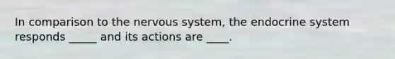 In comparison to the nervous system, the endocrine system responds _____ and its actions are ____.