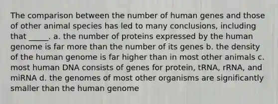 The comparison between the number of human genes and those of other animal species has led to many conclusions, including that _____. a. the number of proteins expressed by the <a href='https://www.questionai.com/knowledge/kaQqK73QV8-human-genome' class='anchor-knowledge'>human genome</a> is far <a href='https://www.questionai.com/knowledge/keWHlEPx42-more-than' class='anchor-knowledge'>more than</a> the number of its genes b. the density of the human genome is far higher than in most other animals c. most human DNA consists of genes for protein, tRNA, rRNA, and miRNA d. the genomes of most other organisms are significantly smaller than the human genome