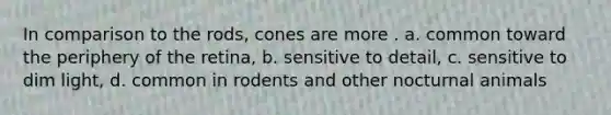 In comparison to the rods, cones are more . a. common toward the periphery of the retina, b. sensitive to detail, c. sensitive to dim light, d. common in rodents and other nocturnal animals