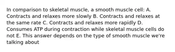 In comparison to skeletal muscle, a smooth muscle cell: A. Contracts and relaxes more slowly B. Contracts and relaxes at the same rate C. Contracts and relaxes more rapidly D. Consumes ATP during contraction while skeletal muscle cells do not E. This answer depends on the type of smooth muscle we're talking about