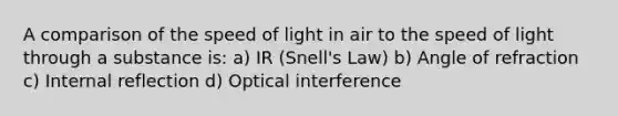 A comparison of the speed of light in air to the speed of light through a substance is: a) IR (Snell's Law) b) Angle of refraction c) Internal reflection d) Optical interference