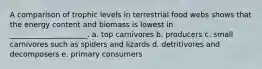 A comparison of trophic levels in terrestrial food webs shows that the energy content and biomass is lowest in _____________________. a. top carnivores b. producers c. small carnivores such as spiders and lizards d. detritivores and decomposers e. primary consumers