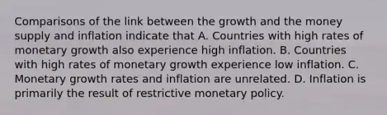 Comparisons of the link between the growth and the money supply and inflation indicate that A. Countries with high rates of monetary growth also experience high inflation. B. Countries with high rates of monetary growth experience low inflation. C. Monetary growth rates and inflation are unrelated. D. Inflation is primarily the result of restrictive monetary policy.