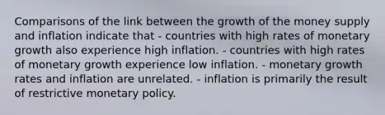 Comparisons of the link between the growth of the money supply and inflation indicate that - countries with high rates of monetary growth also experience high inflation. - countries with high rates of monetary growth experience low inflation. - monetary growth rates and inflation are unrelated. - inflation is primarily the result of restrictive monetary policy.