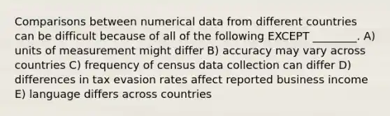 Comparisons between numerical data from different countries can be difficult because of all of the following EXCEPT ________. A) units of measurement might differ B) accuracy may vary across countries C) frequency of census data collection can differ D) differences in tax evasion rates affect reported business income E) language differs across countries