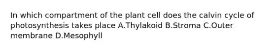 In which compartment of the plant cell does the calvin cycle of photosynthesis takes place A.Thylakoid B.Stroma C.Outer membrane D.Mesophyll