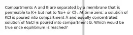 Compartments A and B are separated by a membrane that is permeable to K+ but not to Na+ or Cl-. At time zero, a solution of KCl is poured into compartment A and equally concentrated solution of NaCl is poured into compartment B. Which would be true once equilibrium is reached?