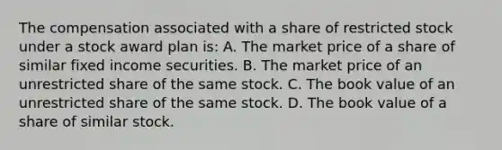 The compensation associated with a share of restricted stock under a stock award plan is: A. The market price of a share of similar fixed income securities. B. The market price of an unrestricted share of the same stock. C. The book value of an unrestricted share of the same stock. D. The book value of a share of similar stock.