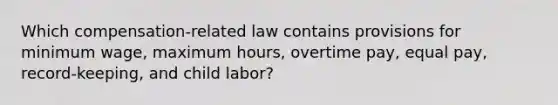 Which compensation-related law contains provisions for minimum wage, maximum hours, overtime pay, equal pay, record-keeping, and child labor?